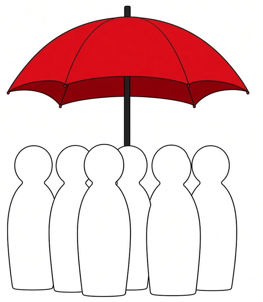 One umbrella held over a group of people standing together, the pooled risk an insurer arranges.